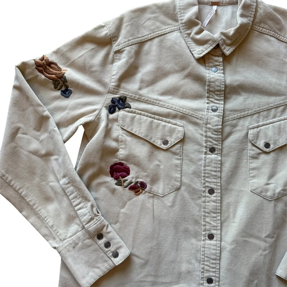 Free People Harley Floral Embroidered Corduroy Western Button Down Shirt Women M